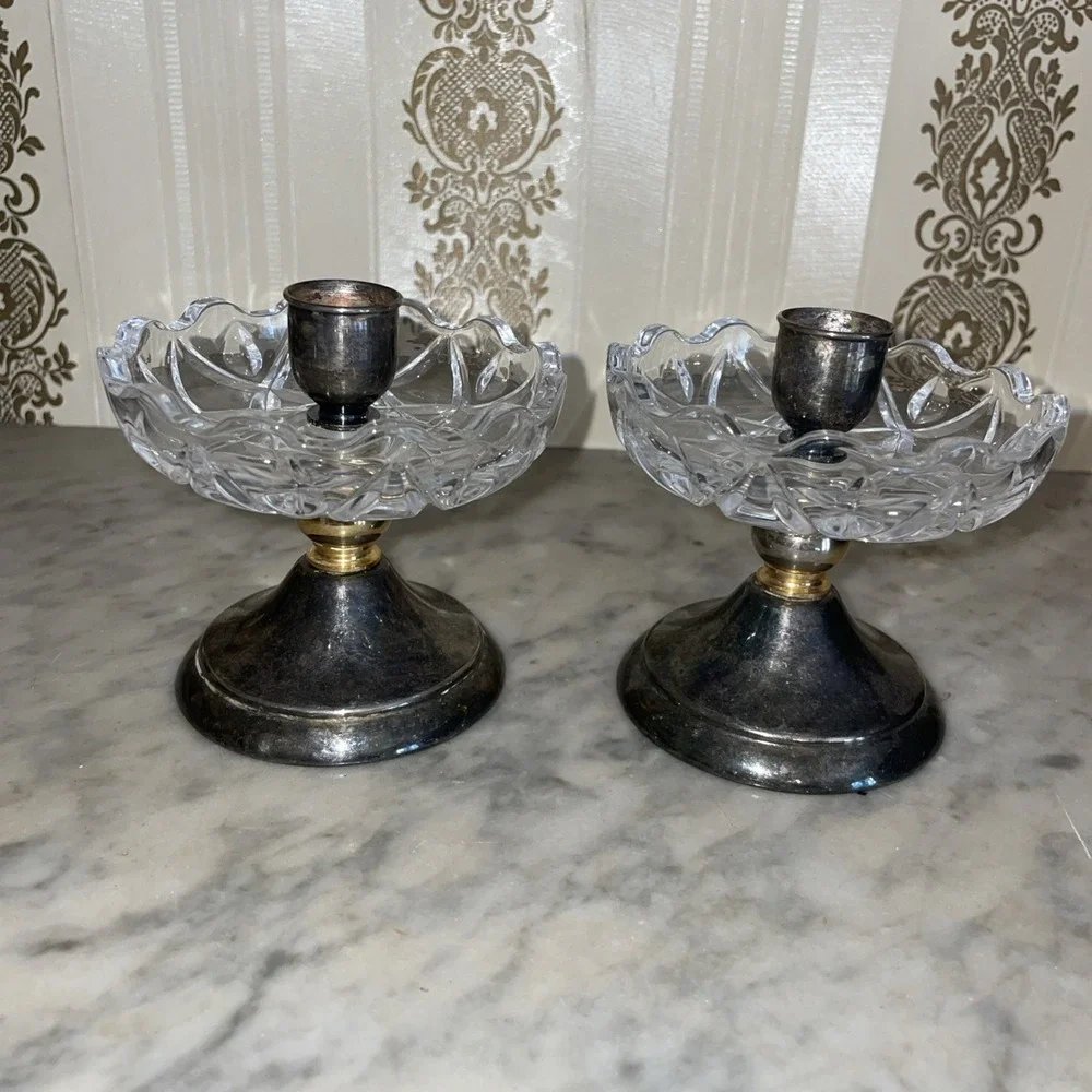 Pair of Landes Matching Candle Stick Holders Silver -plated Crystal 